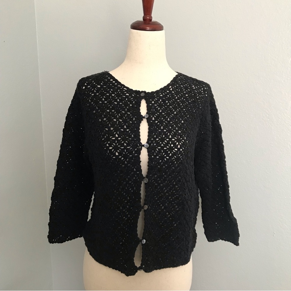 Black Boho Crochet Cardigan Button Up Petites